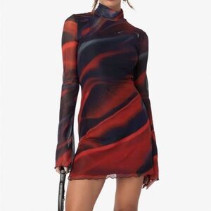 Sparks Fly Mock Neck Long Sleeve Mesh Minidress